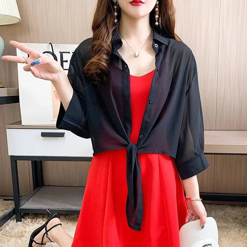 Summer Sun Protection Shirts Ladies Solid Color Tied Waist Half Sleeve Button Blouse Women Casual Loose Chiffon Shirt