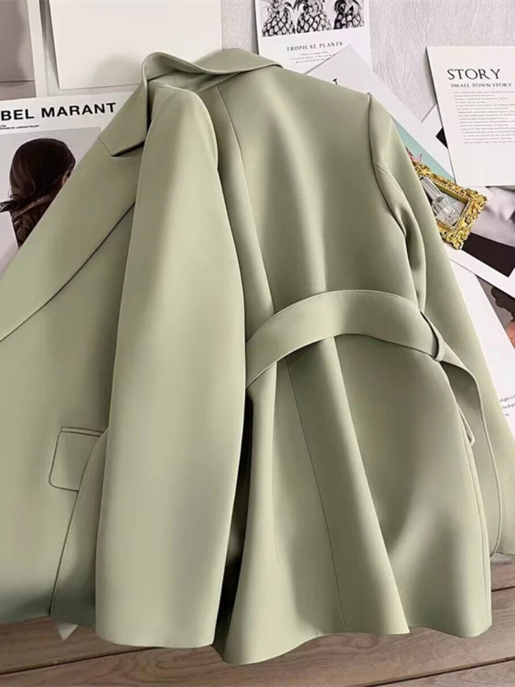 Women's Blazers Spring Autumn Suit Coat Beige Tie Up Jacket Slim Fit Stylish Top Outerwear Office Lady Blazer for Women Clothing