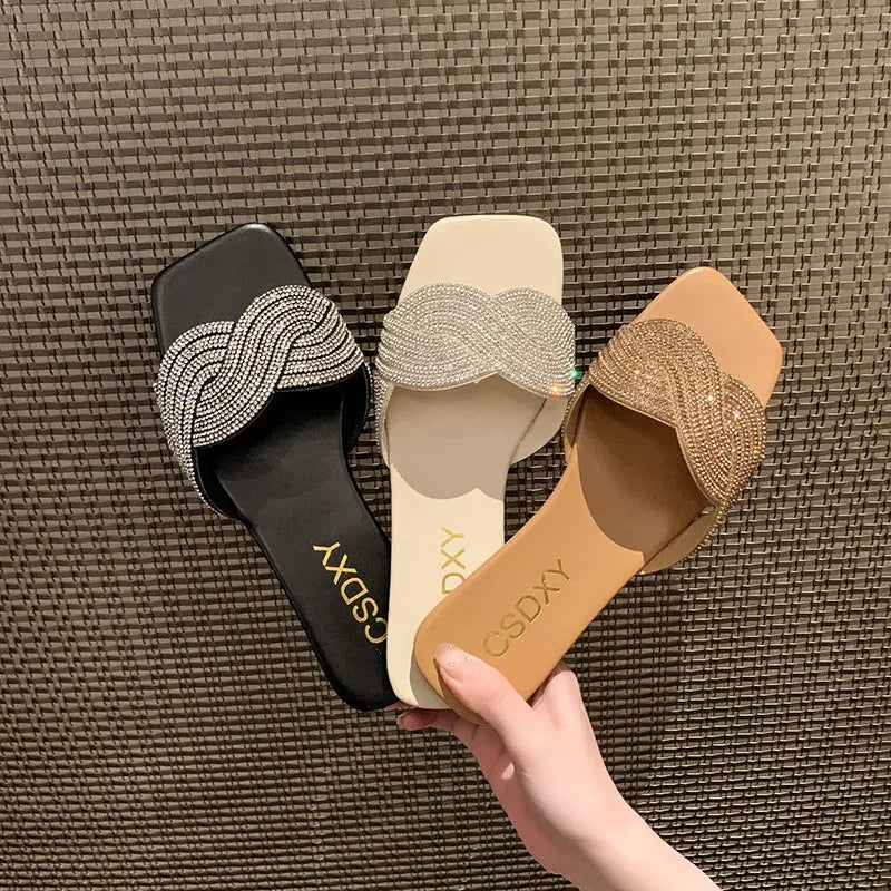 New Summer Flat Heel Rhinestone Ladies Shoes Women Fashion Rhinestones Sandals High-quality Outdoor Beach Slides Slippers