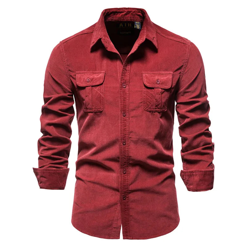 New Single Breasted 100% Cotton Men's Shirt Business Casual Fashion Solid Color Corduroy Men Shirts Autumn Slim Shirt Men