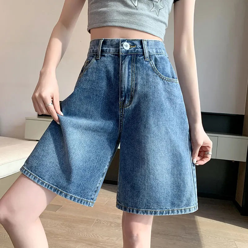 Women Black Y2k Style Baggy Denim Shorts Wide Leg Capri Pants Fashion High Waisted Dark Wash Jeans Female Casual Retro 2000s