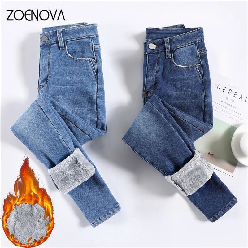 Women Thermal Jeans Winter Snow Warm Plush Stretch Jeans Lady Skinny Thicken Fleece Denim Long Pants Retro Blue Pencil Trousers