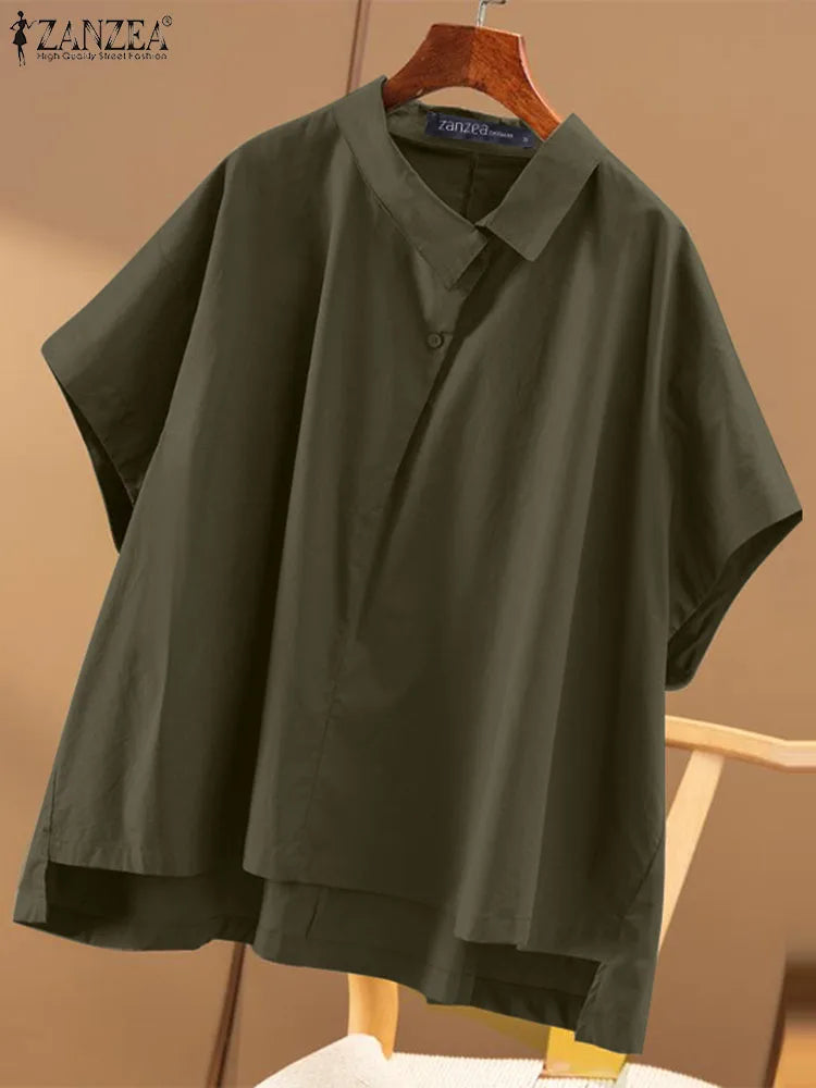 Korean Style Solid Color Shirts Women Summer Asymmetrical Lapel Neck Oversize Blouse Casual Half Sleeve Chemise Tops