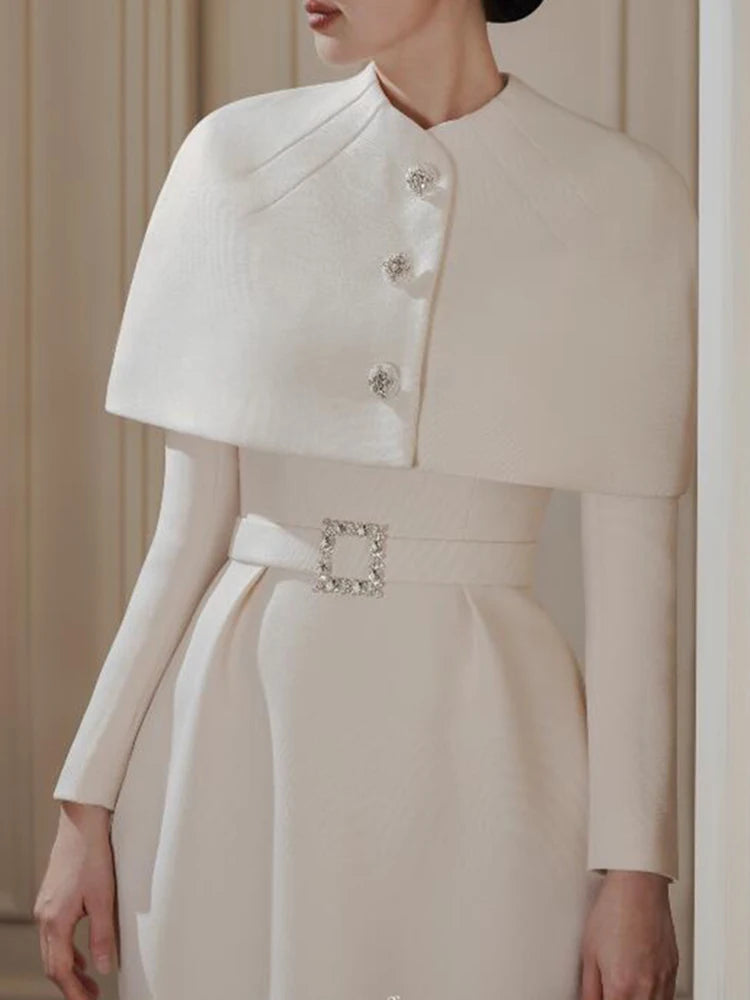 DEAT 2 Pieces Set Women Single Breasted Round Collar Shawl + Slim Solid Color Belt Dress Elegant Chic Style New 2024 15KB3990