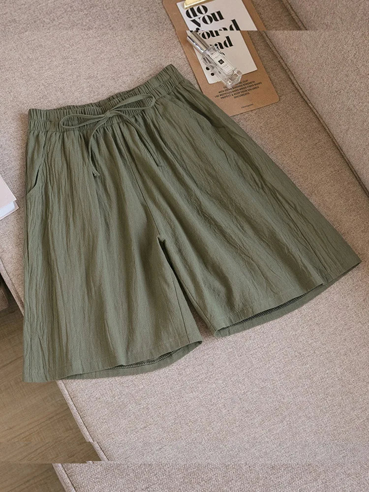 Women Cotton shorts Summer Casual Solid Two Pockets shorts high waist loose shorts for girls Soft Cool female shorts