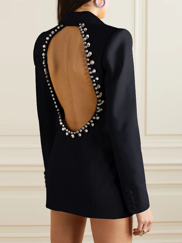 HIGH STREET Newest 2024 Designer Jacket Women's Rhinestone Diamonds Beaded Backless Long Blazer