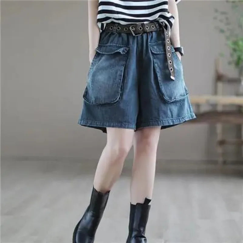 Women's Elastic Waist Sashes Solid Denim Shorts Summer New Korean Casual Fashion All-match Loose Pockets Wide Leg Trouser Skirts