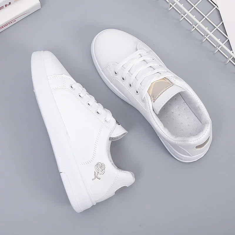 Women Leather Pu Casual Shoes New Woman Shoes Fashion Embroidered White Sneakers Breathable Flower Lace-Up Women Sneakers