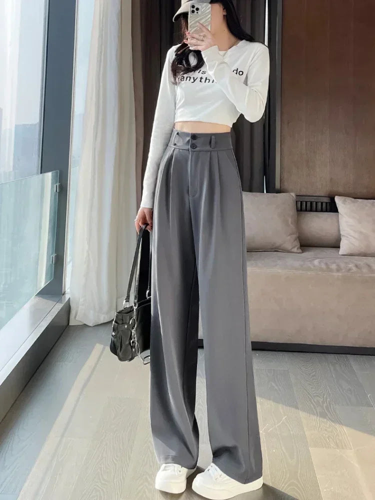 High Waist Suit Pants Women Straight Black Korean Office Ladies Trousers Fashion Button Loose Spring Female Streetwear