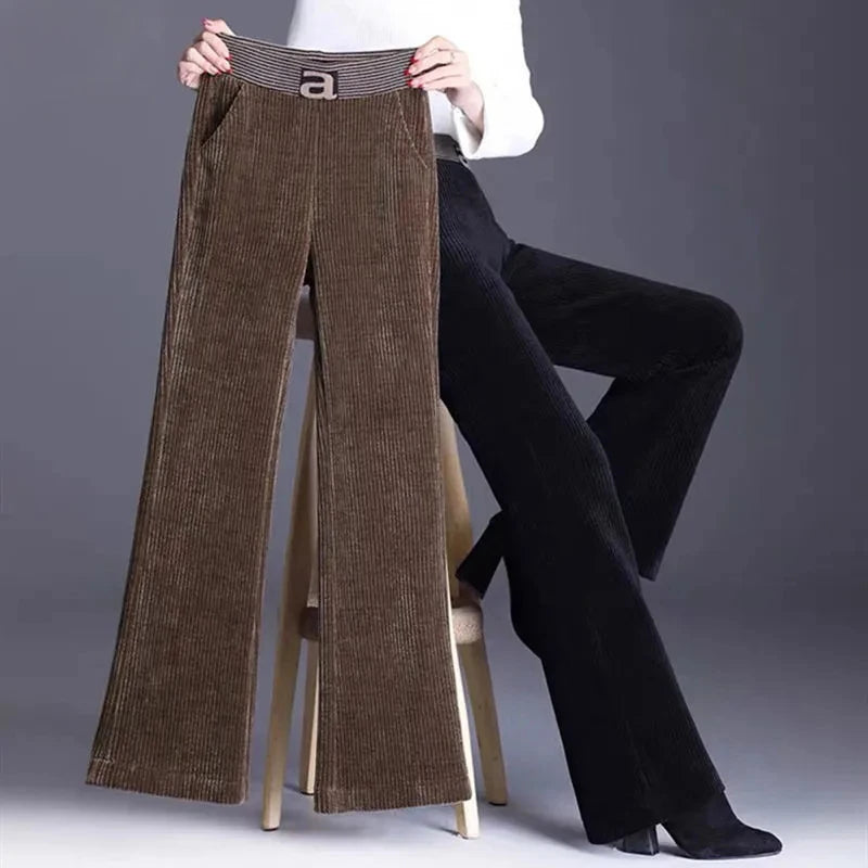Rimocy Elastic Waist Corduroy Pants Women Autumn Winter Straight Velvet Pants Woman Pocket Loose Casual Trousers Ladies