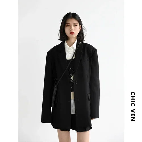 Women Office Lady Blazer Cuff Embroidery Wide Shoulder Twill Suit Women's Autumn Ladies Outerwear  Stylish Tops