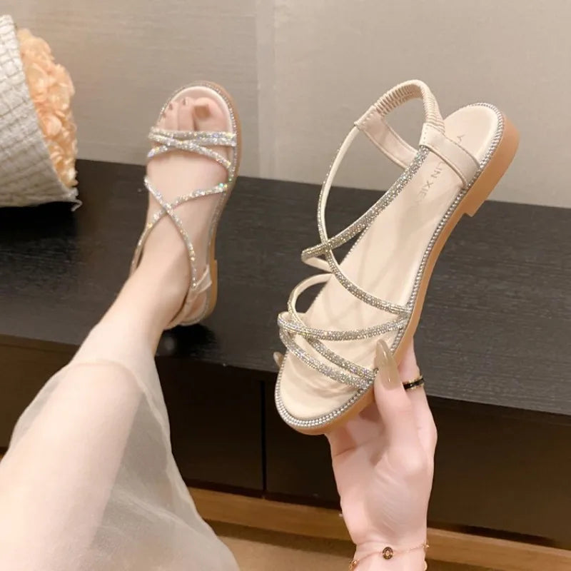 Summer New Sandals, Rhinestone Flat Sandals, Women's Open Toe Elastic Set Foot Cross Sandals, Women Sandals