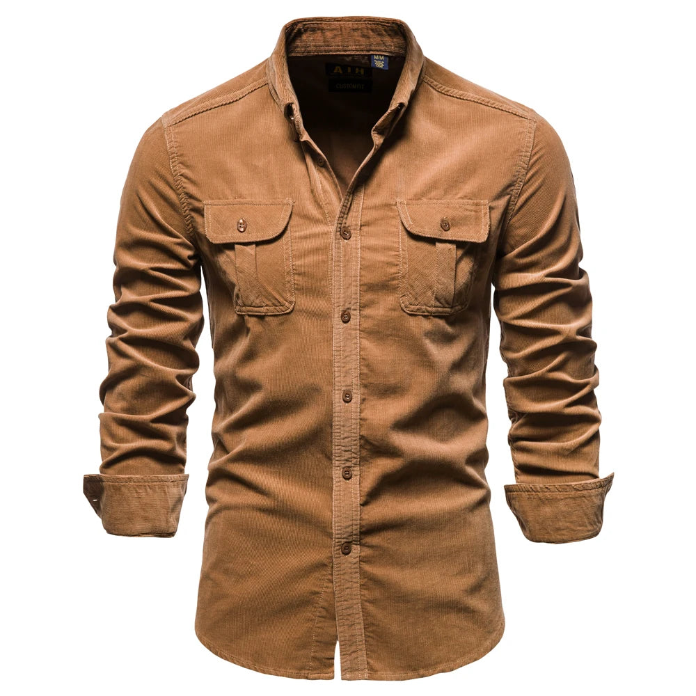 New Single Breasted 100% Cotton Men's Shirt Business Casual Fashion Solid Color Corduroy Men Shirts Autumn Slim Shirt Men