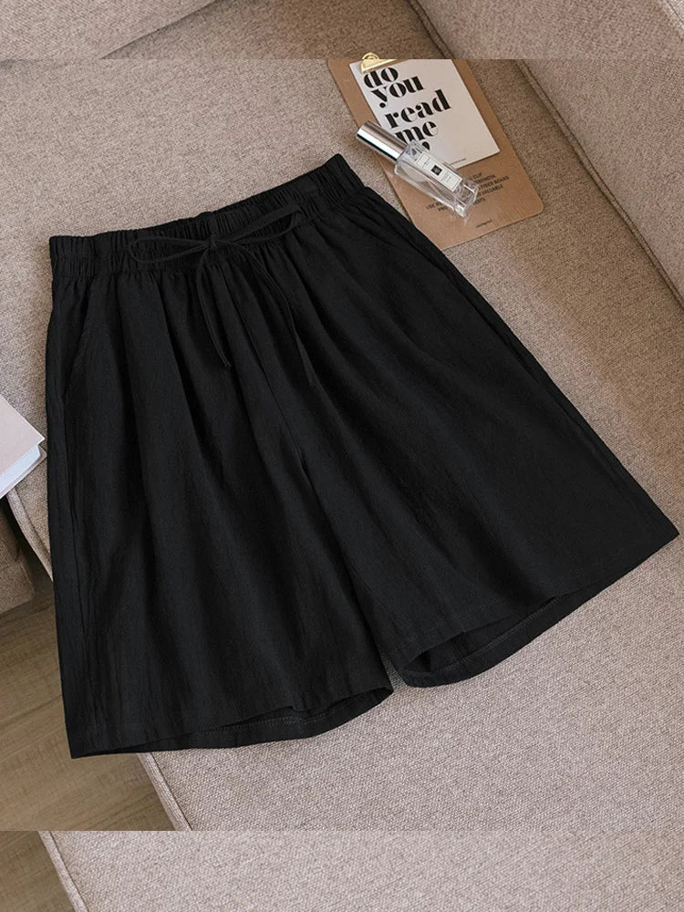 Women Cotton shorts Summer Casual Solid Two Pockets shorts high waist loose shorts for girls Soft Cool female shorts