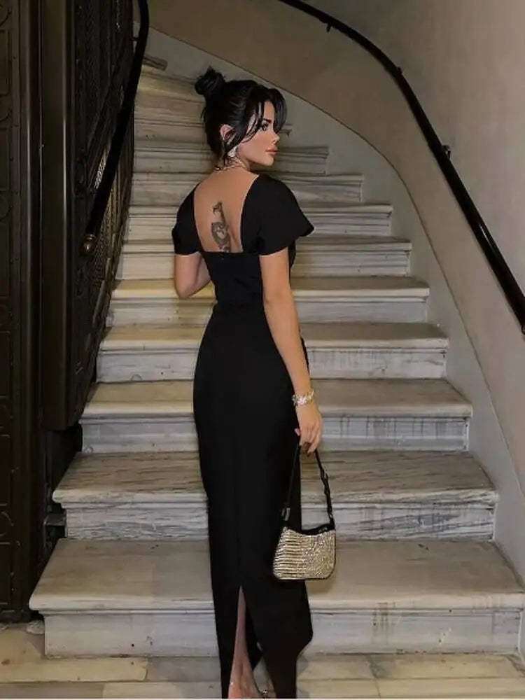 New Women's Short Sleevel Square Neck Diamonds Bandage Dress Floor Length Bodycon Fashion Celebrity Party Maxi Dress