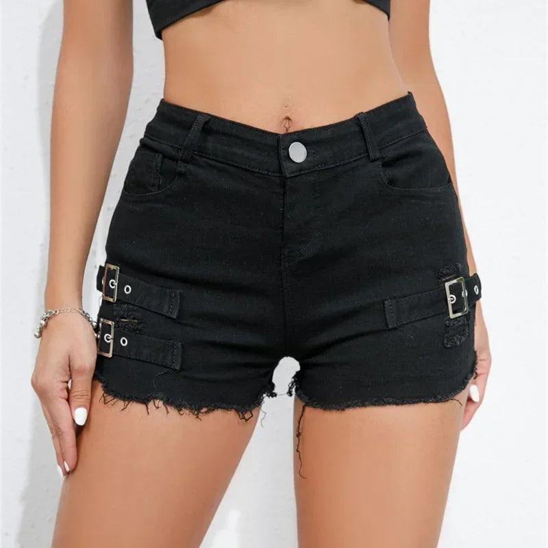 Women Denim Shorts High Waist Broken Holes Patchwork Tassel Ultra-Short Pants Trend Streetwear Female New Casual Straight Trunks