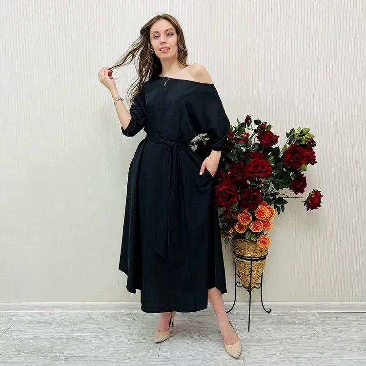 2024 Spring Elegant Women's Formal Dress Black Lace Up Lantern Sleeve Long Dresses Female Party Occasion Evening Clothes Lady