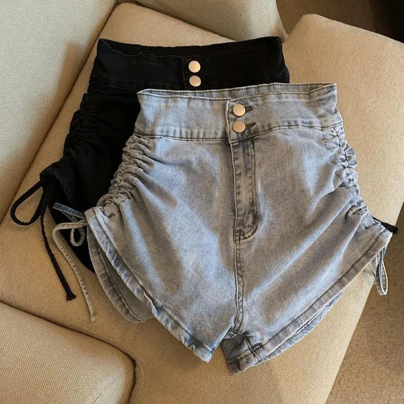 Zoki Sexy Shirring Slim Denim Shorts Women Fashion Korean High Waist Casual Shorts Summer Button All Match Harajuku Shorts New