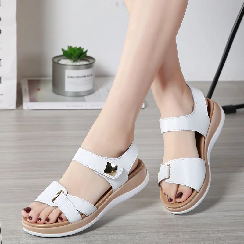 Women Female Ladies Mother Genuine Leather Shoes Sandals Flats Soft Hook Loop Korean Bling Summer Beach Size 35-40