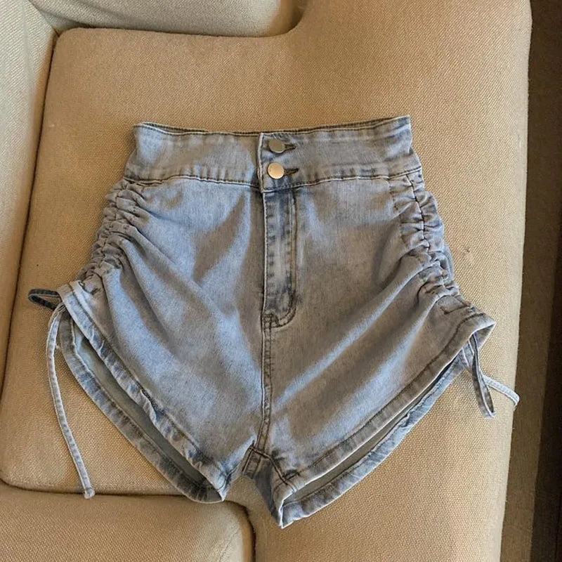 Zoki Sexy Shirring Slim Denim Shorts Women Fashion Korean High Waist Casual Shorts Summer Button All Match Harajuku Shorts New