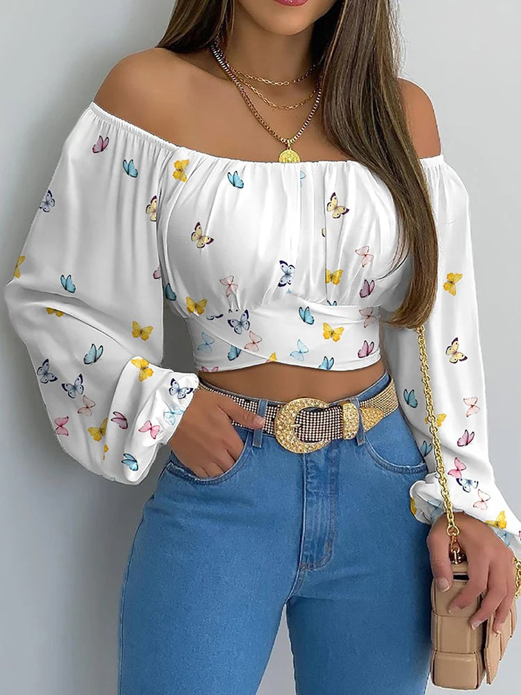 Women's Sexy Off-Shoulder Printing Blouses Chic and Elegant Lantern Long Sleeve Lace Up Bow Cropped Tops Casual Slim Shirts