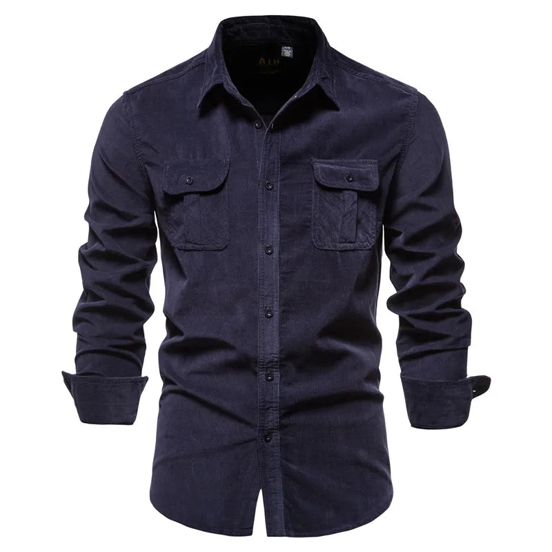 New Single Breasted 100% Cotton Men's Shirt Business Casual Fashion Solid Color Corduroy Men Shirts Autumn Slim Shirt Men