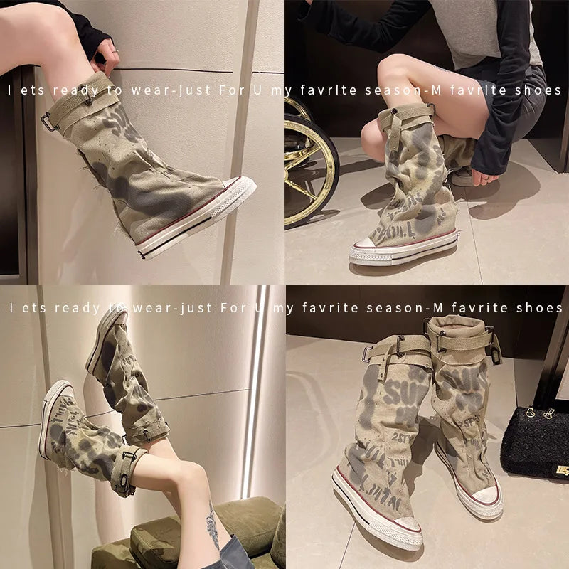 Women Boots New Retro Flat Platform Graffiti Mid-calf Boot Sexy Trend Thick Bottomed Round Toe Anti Slip Calf Fashion Boots