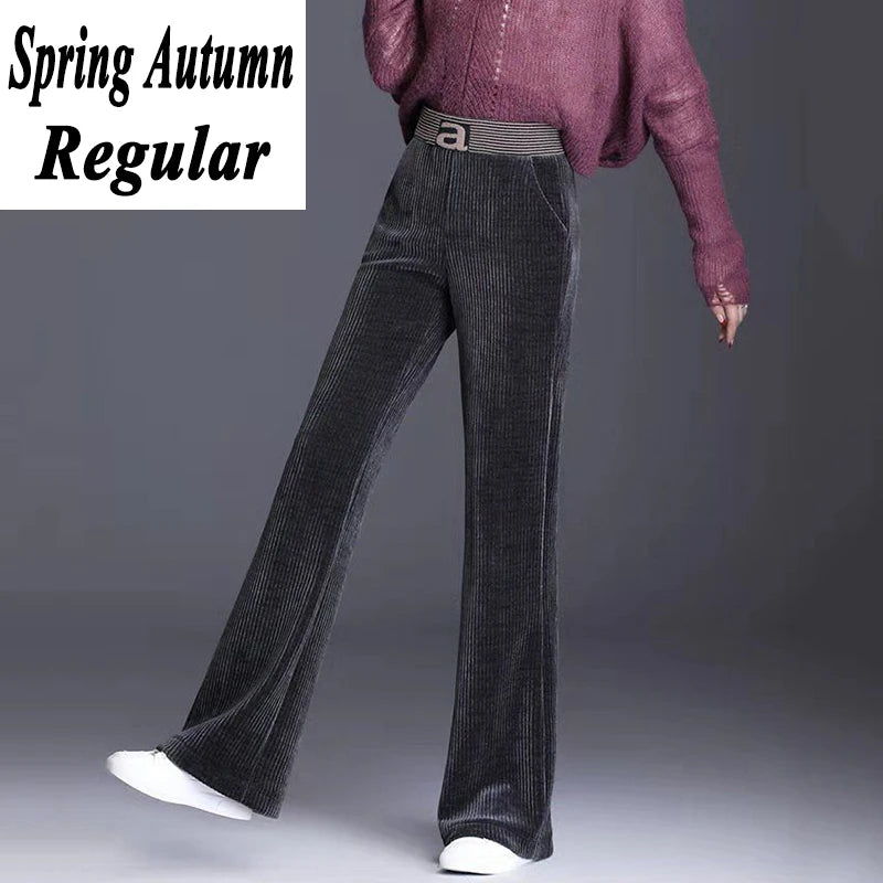 Rimocy Elastic Waist Corduroy Pants Women Autumn Winter Straight Velvet Pants Woman Pocket Loose Casual Trousers Ladies