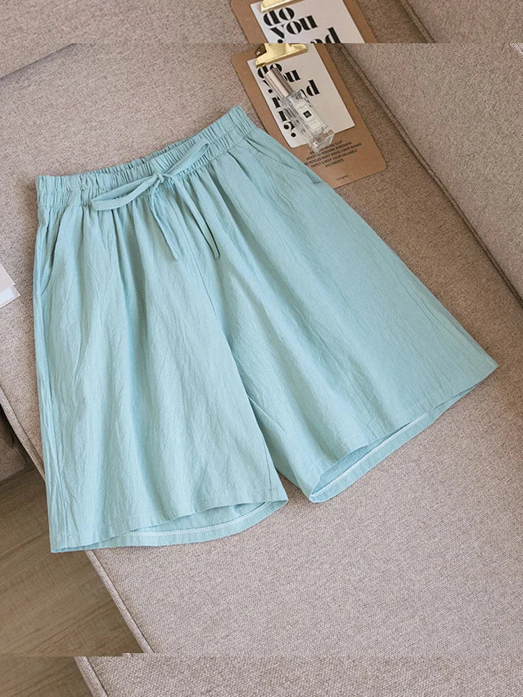 Women Cotton shorts Summer Casual Solid Two Pockets shorts high waist loose shorts for girls Soft Cool female shorts