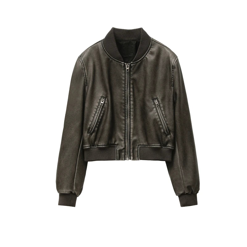 ZVRI Women's new vintage imitation leather bomber jacket coat top women's style