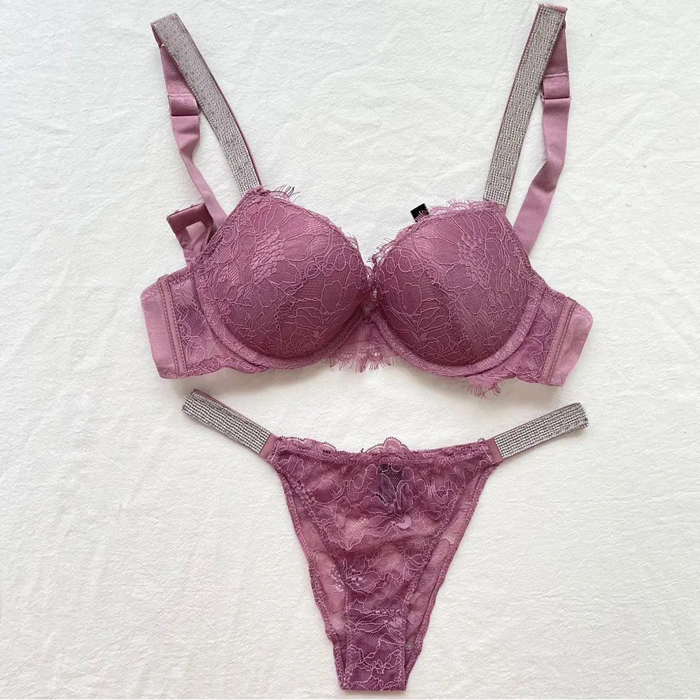 Women's lingerie panty set push-up bra and panties sexy lace rhinestone lettering brand design lingerie bra 2-pack