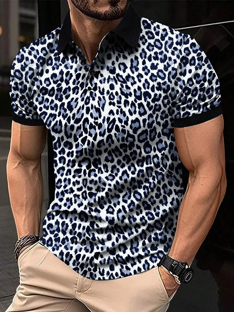 1pc New Men's Fashion T-shirt Leopard Print Short Sleeve Breathable Lapel Men Clothing