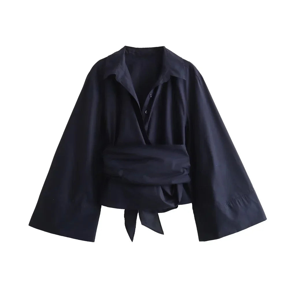 Autumn and Winter New Women's Fashion Casual Polo Neck Bow Tie up Short Edition Double breasted Poplin Shirt