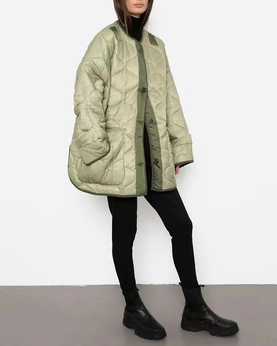 2022 Autumn Winter Silhouette Diamond-shaped Quilted Parka Coat for Women Curved Hem Single-Breasted Suit Jacket Tops