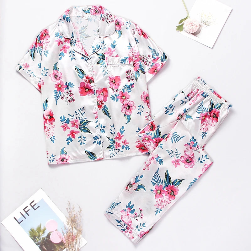 Women Satin Pajamas Silk Floral Printing Lapel Button Shirt With Trousers Pajama Set Nightwear Pyjama Sleepwear Pijama Mujer