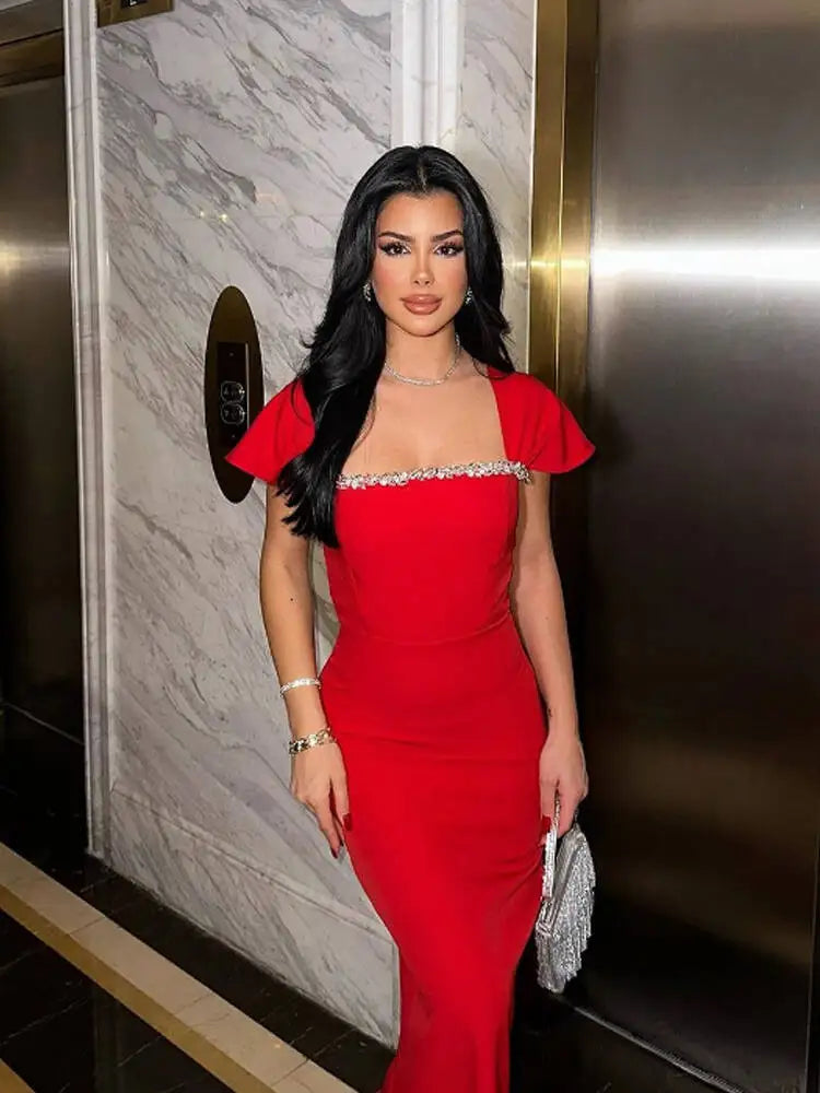 New Women's Short Sleevel Square Neck Diamonds Bandage Dress Floor Length Bodycon Fashion Celebrity Party Maxi Dress