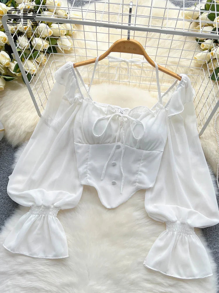 SINGREINY Flare Sleeve Women Tops Ruffle Solid Elastic Waist Halter Backless Chiffon Slim Ladies Harajuku Sexy Short Blouse