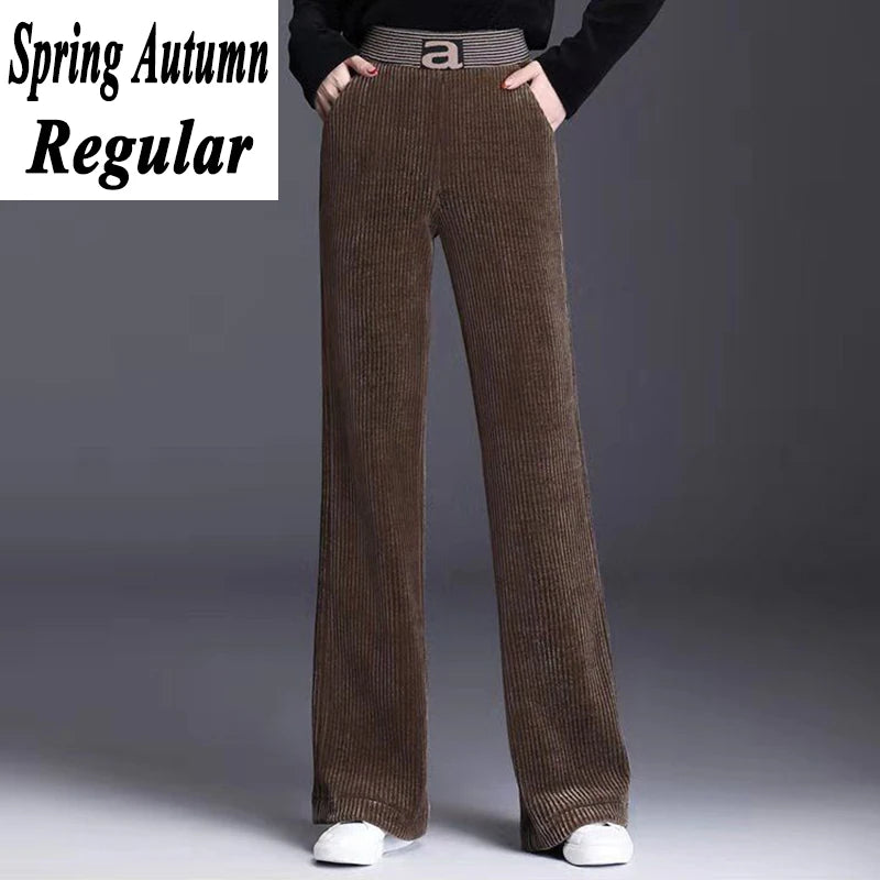 Rimocy Elastic Waist Corduroy Pants Women Autumn Winter Straight Velvet Pants Woman Pocket Loose Casual Trousers Ladies