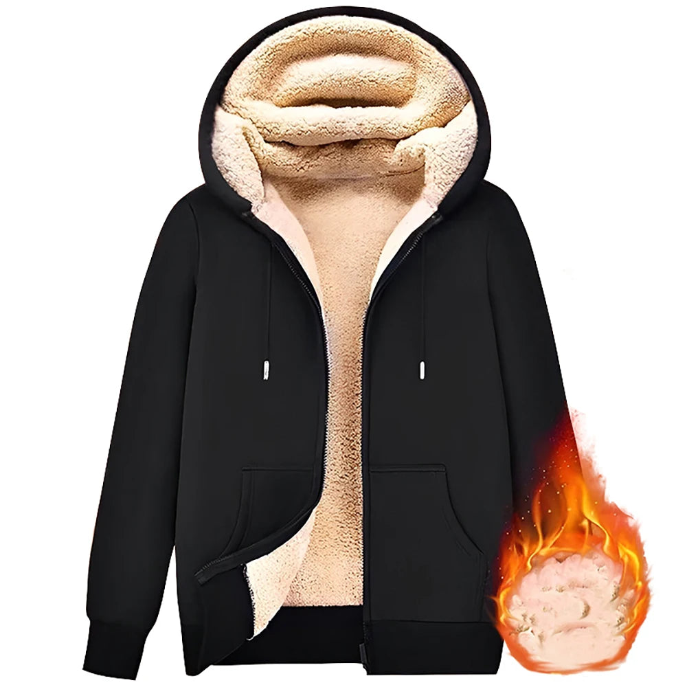 Trendy Sweatshirt Coat Front Pockets Warm Zipper Lamb Wool Jacket Men and Woman Winter Pure Color Plush Lined Cardigan Hoodie