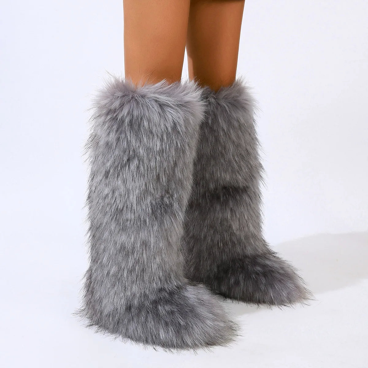 Women Winter Thigh High Fluffy Boots Ladies Furry Faux Fox Fur Long Warm Shoes girls New Designer Plush Knee High Fur Boots