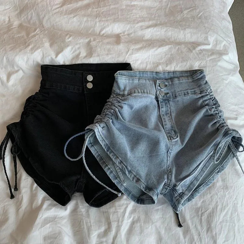 Zoki Sexy Shirring Slim Denim Shorts Women Fashion Korean High Waist Casual Shorts Summer Button All Match Harajuku Shorts New