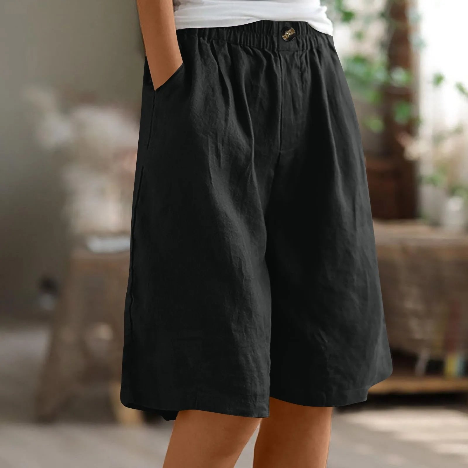 Cotton Linen Shorts Women Summer New Solid Vintage Elastic Waist Wide Leg Pants Casual Loose Five Point Shorts Women Clothing