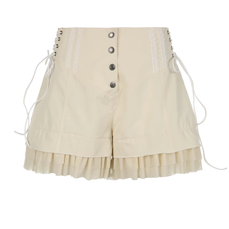 IAMHOTTY Sweet Mesh Tiered Ruffle Shorts Skirts Khaki Wide Form Side Bandage Cute Hot Pants Lolita Style Soft Girls Shorts Y2K
