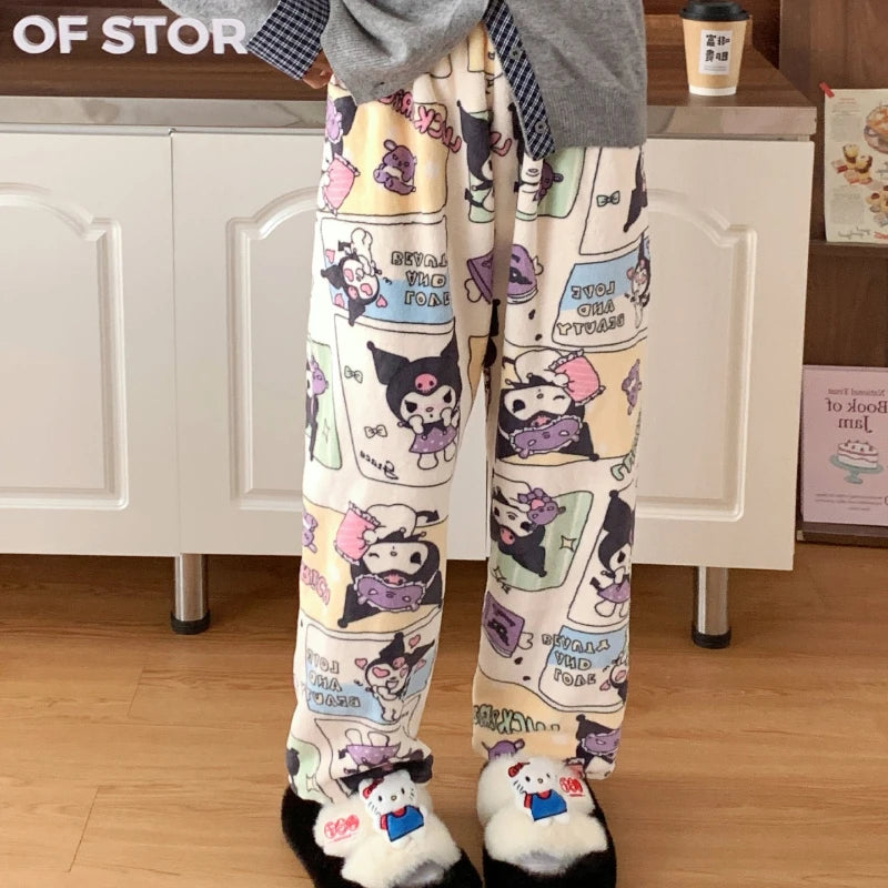 Sanrio Hello Kitty Pajamas Flannel Fashion Trousers Kawaii Women Casual Home Pants Cartoon Warm Comfortable Pants