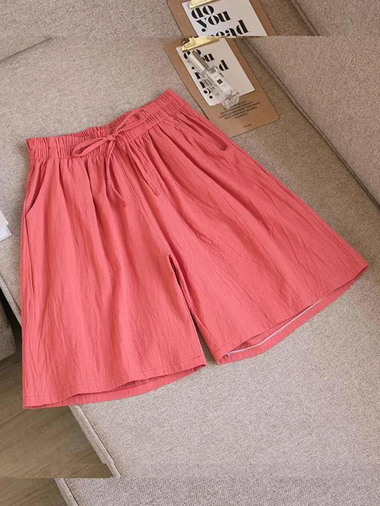 Women Cotton shorts Summer Casual Solid Two Pockets shorts high waist loose shorts for girls Soft Cool female shorts