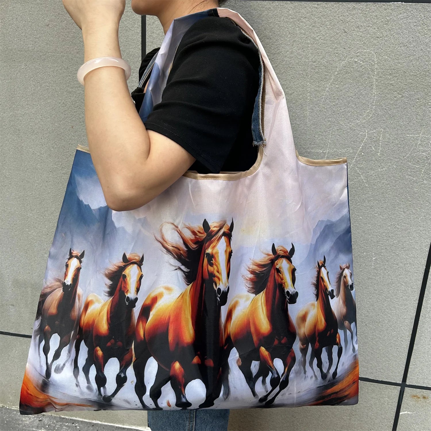 New Fashion Bag Large Foldable Shopping Bag Reusable Grocery Storage Bag Nylon Portable Shoulder Handbag for Travel Pocket Tote