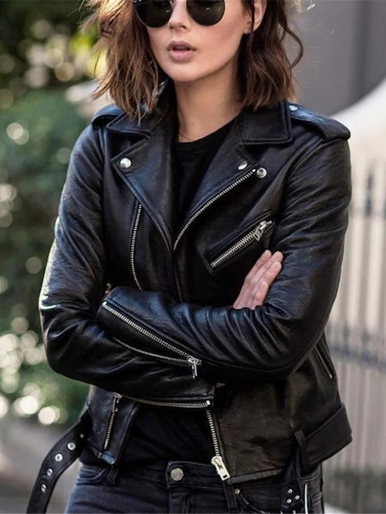 New Autumn Spring Women Short Faux PU Jacket Slim Fashion Punk Outwear Motorcycle Leather Jacket Casual Coat