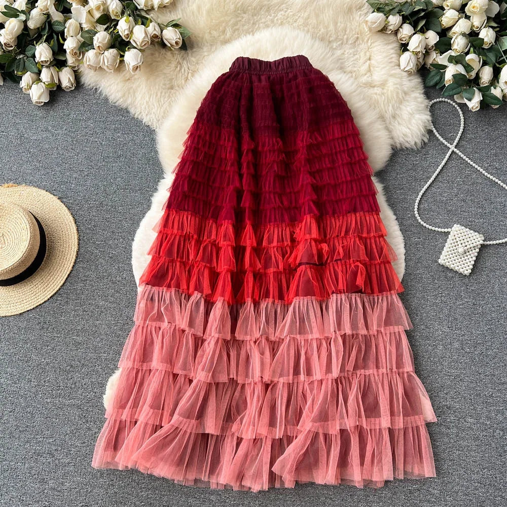 2024 New Summer Gradient Colorful Rainbow Stripe Mesh Tulle Skirts Women Long Maxi Skirt Fashion Elegant Elastic Waist