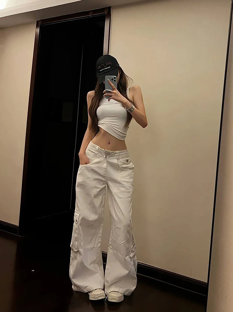 Y2K White Cargo Jeans Women Korean High Waist White Pocket Wide Leg Denim Pants Female Oversized Streetwear Hip Hop Trousers