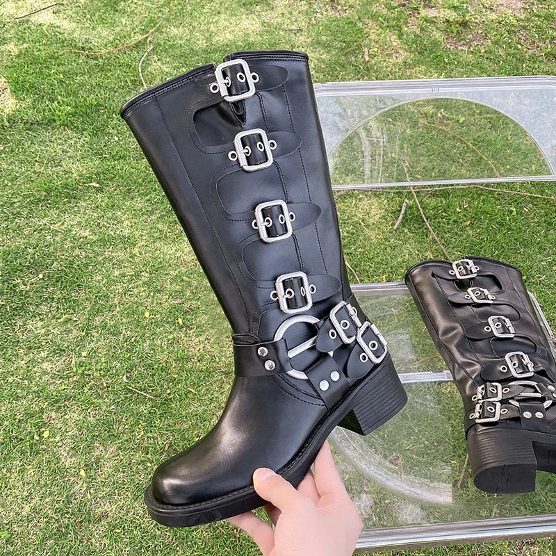 New Winter Denim Boots Women's Retro Brown Belt Buckle Round Head High Boots Boots Knee Length Boots